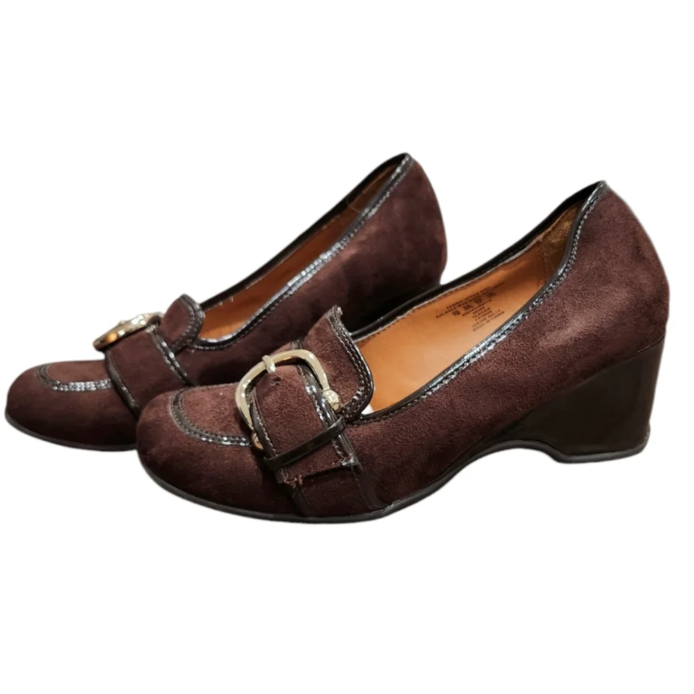 ❤️2/$18 Jaclyn Smith Brown Suede Wedge Heeled Loafer Leather Shoes 7